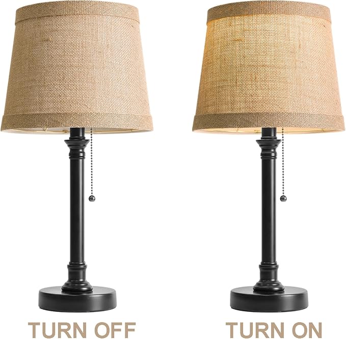 19.5" Small Table Lamp for Bedroom, Rustic Black Lamp, USB A+C | Pull Chain Switch Bedside Table Lamps, Natural Shade, Small Farmhouse Nightstand Lamp for Living Room End Table & Desk Light