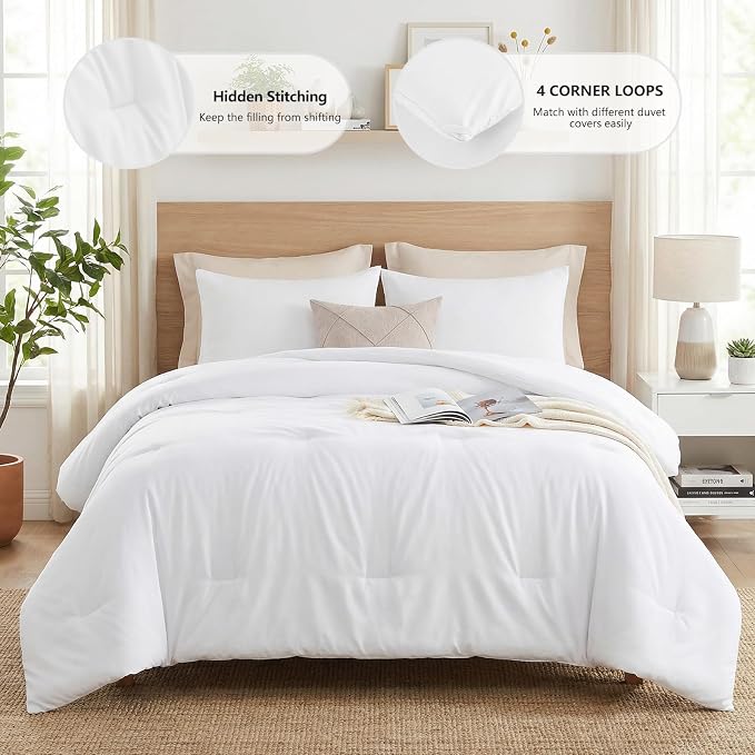 Full Comforter Set, 3 Pieces Down Alternative Bedding, White | 270 GSM All Season Comforter with 4 Corner Ties for Use as a Duvet Insert, OEKO-TEX Certified, 2 Pillowcases, 82 x 86 in
