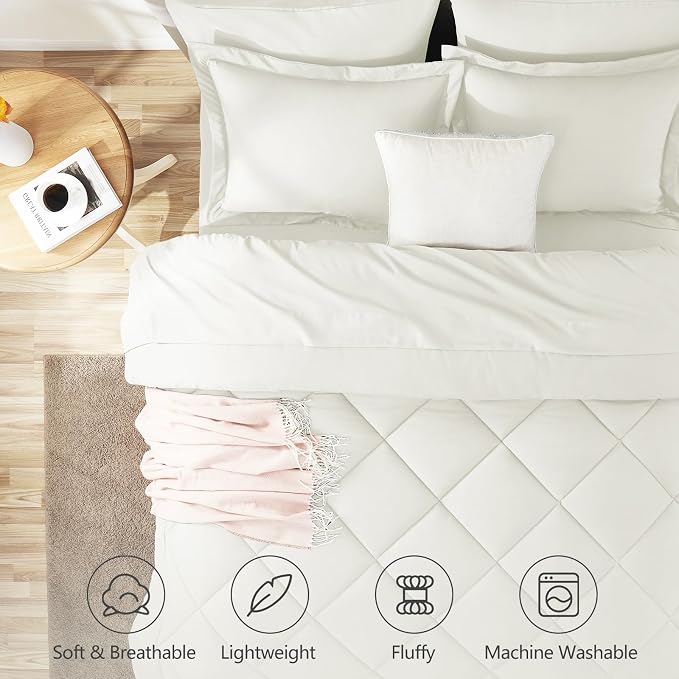 Queen Comforter Set with Sheets Ivory - 7 Pieces Bed in a Bag | OEKO-TEX Certified, All Season, 240GSM Down-Alternative Comforter, Sheets, Pillowcases & Shams, 14" Deep Pocket, Easy Care