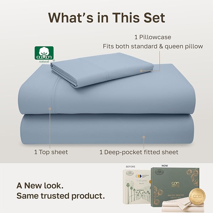 California Design Den 600 Thread Count Twin XL Sheets Cotton, 3 Pc Set,Blue | 100% Cotton Sateen Backed by Good Housekeeping Seal, Soft & Smooth, All-Around Elastic, Durable, Easy Care