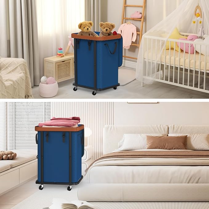 Laundry Basket with Wheels,150L (40 Gal) Rolling Hamper Carts - Navy Blue | Leather Patchwork Laundry Hamper,Sturdy Metal Frame, Removable Washable Bag, Tall Clothes Sorter for Bedroom, Laundry Room