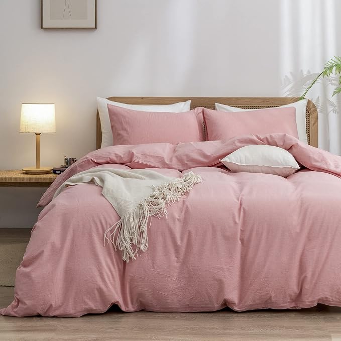 BESTOUCH Cotton Solid Duvet Cover Set Linen Feel Red Pink California King | 100% Washed Cotton, Soft Wrinkle Texture, Hidden Zipper, 8 Ties, Breathable Lightweight Durable Comfy, 3 Pcs No Insert