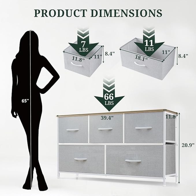 5-Drawer Dresser for Bedroom, Anti-Tip Wide Storage Organizer Fabric | Chest of Drawers TV Stand for 45" TV with Wooden Top and Metal Frame for Closet, Living Room, Hallway, Entryway, Light Gray