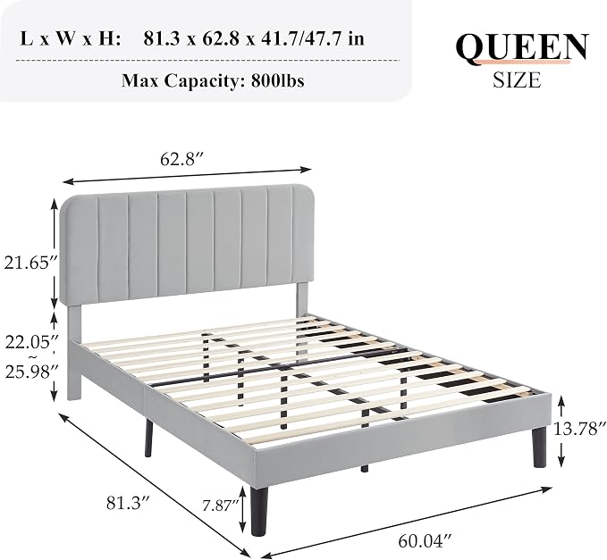 VECELO Queen Size Bed Frame with Upholstered Headboard, Velvet Platform Bedframe Mattress Foundation, Strong Wood Slat Support, No Box Spring Needed,Light Grey