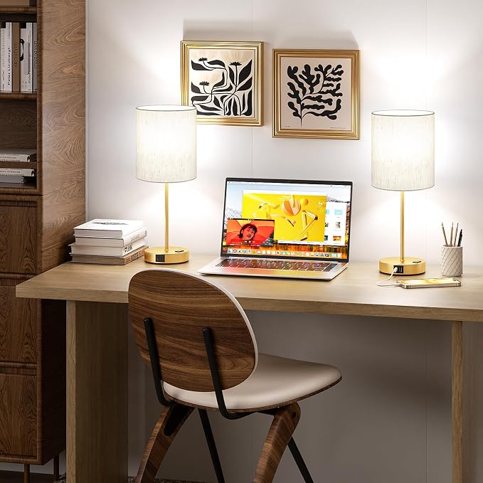17.6" Gold Touch Lamps for Bedroom Set of 2 - Dimmable, USB C+A, AC Outlet | Large 17.6" Tall Lamp, 3-Way Dimming, 5000K Daylight Bulbs, Cream Lampshade Gold Base, for Living Room, Boys, Men, Girls