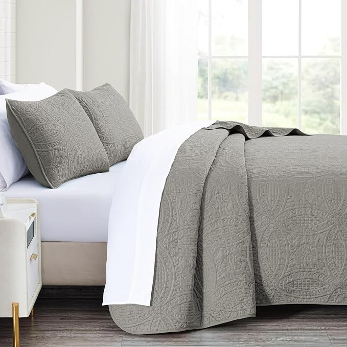 akkialla Twin Quilt Bedding Set,Grey Ultrasonic Quilt Set,Lightweight Soft Bedspread Coverlet,Modern Style Coin Pattern Bed Cover for All Seasons,2 Piece(1 Quilt,1 Pillow Sham)