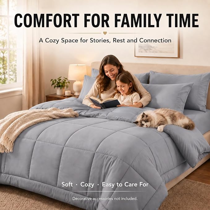 Queen Comforter Set Grey - 7 Pieces Bed in a Bag | OEKO-TEX Certified, All-Season, Bedroom, Guest Room, Down-Alternative Comforter + Flat & Fitted Sheets + 4 Pillowcases