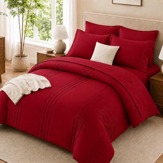 King Size Comforter Set Red - 7 Pieces Complete Bedding Set | OEKO-TEX Certified, All Season, 240GSM Down-Alternative Comforter, Sheets, Pillowcases & Shams, 14" Deep Pocket, Easy Care