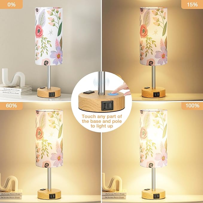 Floral Touch Lamp for Bedroom- 3 Way Dimmable Bedside Lamp USB C A Charging Ports and AC Outlet, Small Table Lamp Floral Linen Lampshade for Gift, LED Bulb Included