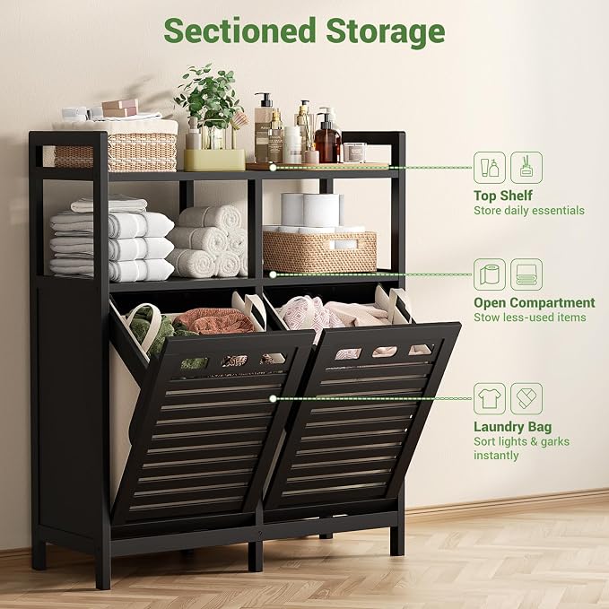 Homykic Tilt Out Laundry Hamper Cabinet, Bamboo Laundry Organizer, Black | 20 Gal Laundry Sorter with 2 Removable Liner Bags, Hidden Clothes Hamper with Shelf for Laundry Room, Bathroom, Closet