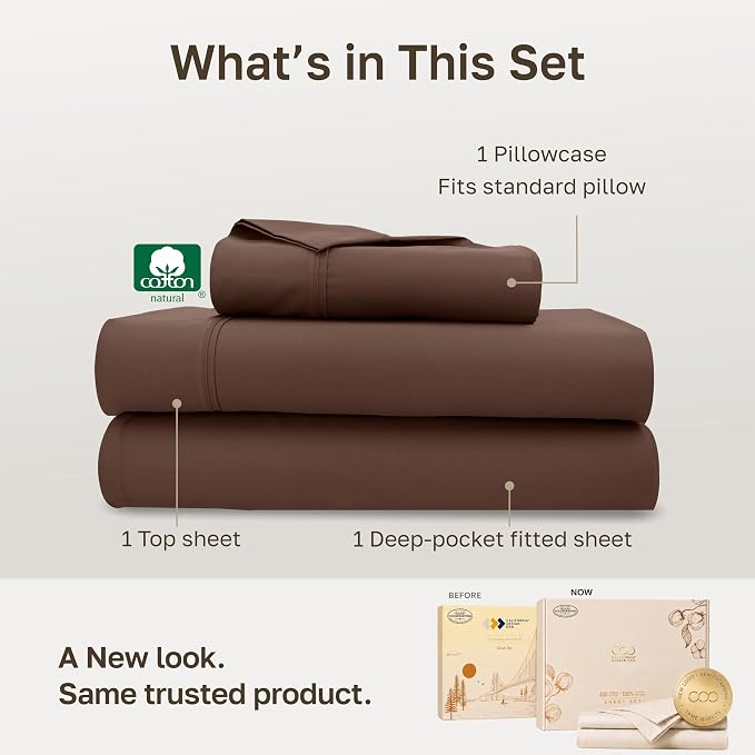 California Design Den Soft 100% Cotton Sateen 3 Pcs XL Twin Bed Sheets Set | 400 Thread Count Backed by Good Housekeeping Seal, All-Around Elastic, Durable, Easy Care - Espresso Chocolate Brown