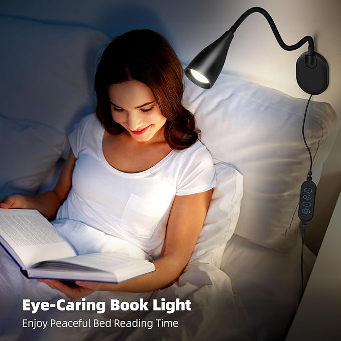 LiFMIRA Wall-Mounted LED Bedside Reading Light USB Charging Port Black | 10-Level Dimmable & Adjustable 5 Color, Plug-in Adhesive Night Lamp for Books in Bed, Eye-Caring Bedroom Lighting