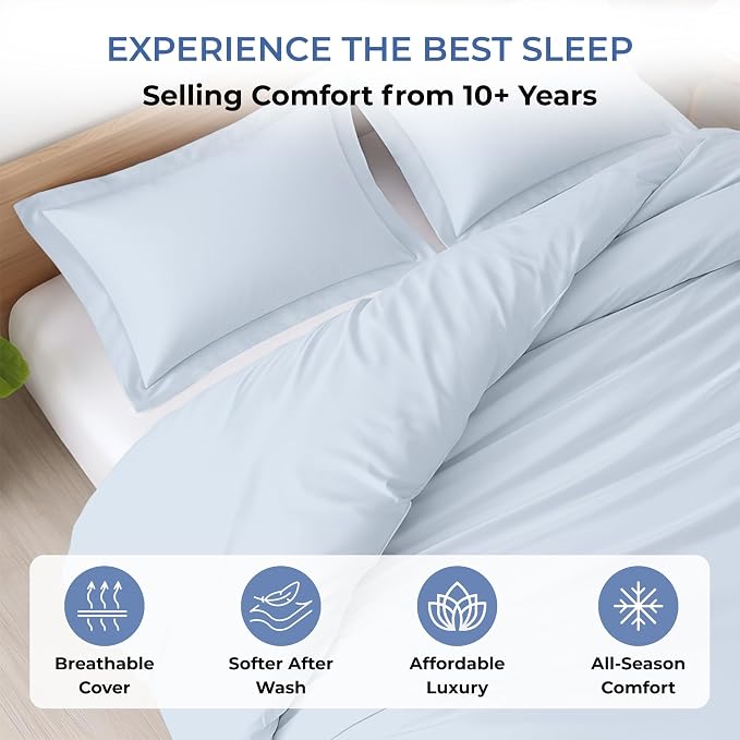 3 Pc Duvet Cover Queen Size/Full Size Set-100% Egyptian Cotton 600 Thread Count Ultra Soft Premium Durable Comforter Cover Zipper Closure & Corner Ties- (Sky Blue, 90" X 90")