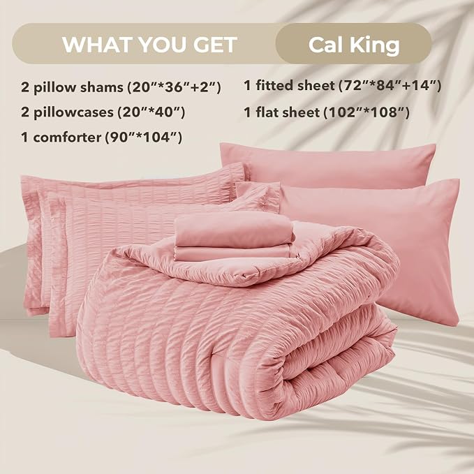 HYMOKEGE Rose Pink California King Comforter Set Seersucker 7 Pieces, All Season Luxury Bed in a Bag for Bedroom, Bedding Set with Comforter, Sheets, Pillowcases & Shams