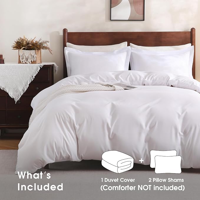 FreshCulture Duvet Cover Queen Size - 3 Pieces Microfiber Duvet Cover Set with Zipper Closure - Lightweight & Easy Care - 1 Comforter Cover & 2 Pillow Shams - Comforter Not Included (White)