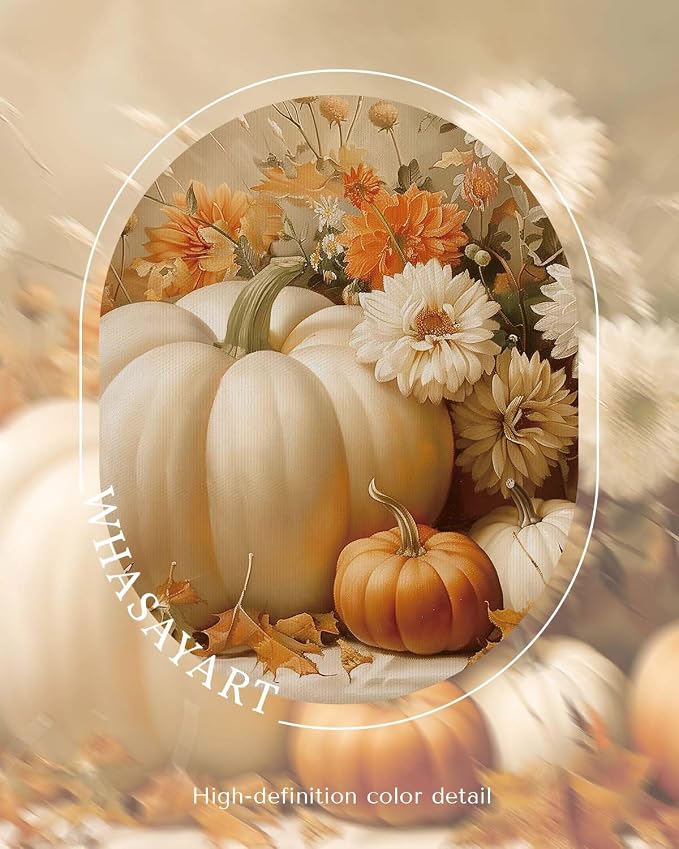 Vintage Thanksgiving Canvas Print White Orange Pumpkins Autumn Floral Leaves, Rustic Framed Fall Pumpkin Flower Still Life Wall Art 16x20, Harvest Farmhouse Kitchen Entryway Decor