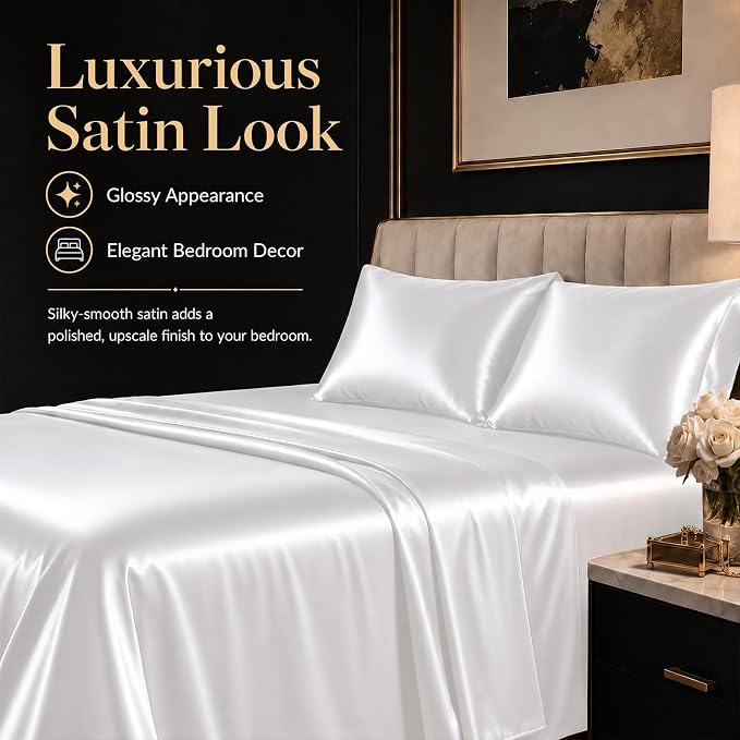 CozyLux Satin Sheets Queen, 6-Piece 14-Inch Deep Pocket Sheet Set | OEKO-TEX Certified Silky Soft Sheet Set for Hair & Skin, Luxurious Silky-Smooth Satin for Elegant Bedroom Decor, White