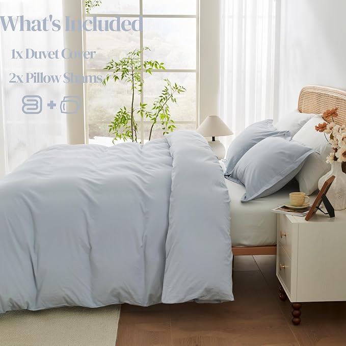 OAITE Duvet Cover Set 100% Washed Cotton Solid 3pcs | Soft,Durable,Long-staple Cotton,Hidden Zipper with 8 Interior Corner Ties,2 Pillowcases,68"X90"