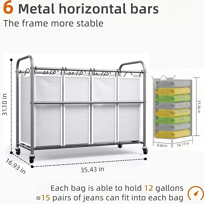 ROMOON Laundry Hamper Sorter Cart, 4-Section Organizer with Lockable Wheels | Heavy-Duty 180L Rolling Laundry Basket with Removable Bags for Dirty Clothes in Laundry Room or Small Spaces, Gray