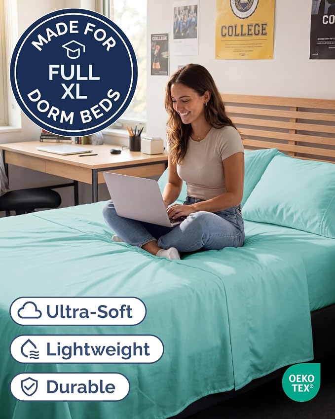 Full XL Sheets - 4 Piece Full XL Sheet Set - Cool & Breathable - Spa Blue | Hotel Luxury Bedding for Women & Men with Deep Pockets, Ultra-Soft, Comfy, Easy-Fit, Wrinkle Free & Fade Resistant, Oeko-Tex