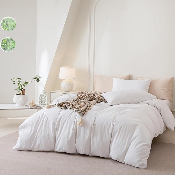 BDEAR 3Pcs Bright White Duvet Cover Set King Size 104" Wx 90" L,Oeko TEX | 100% Washed Cotton, 1 Duvet Cover with 2 Pillowcases, Zipper Closure, 8 Corner Ties,Linen-Liked Texture, Skin Friendly