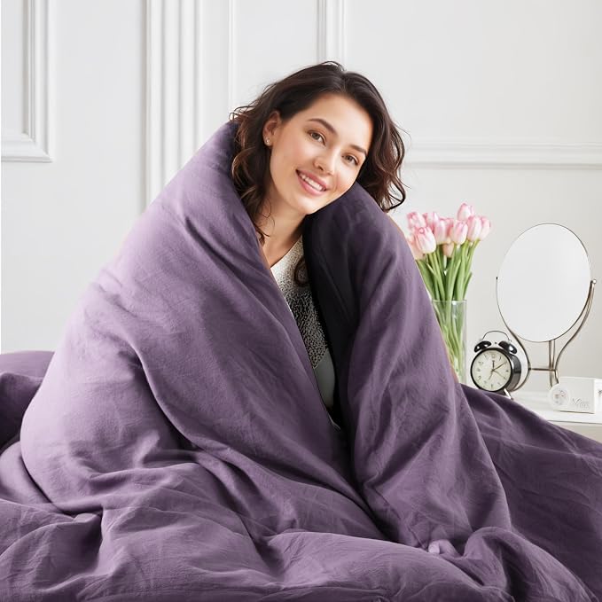 NEXHOME PRO King Duvet Cover Set, 100% Washed Cotton with Linen-Like Texture, Natural Organic, Breathable & Comfortable, Includes Home Bedding Set Dusty Purple (No Comforter) 10490