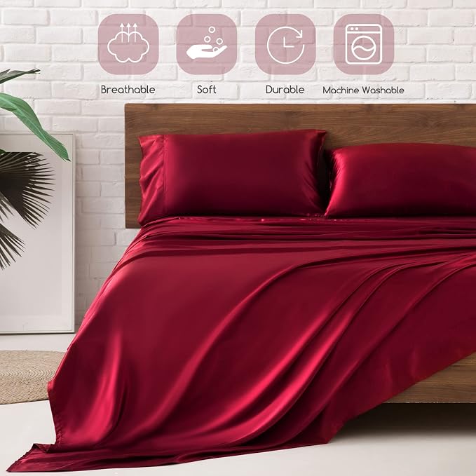 MR&HM Satin Sheets King Size with Elastic Corner Straps, Burgundy | Similar to Silk, 4-Piece Silky Soft Bed Sheet Set, Gentle on Skin and Hair, 15" Deep Pocket, Cooling & Breathable