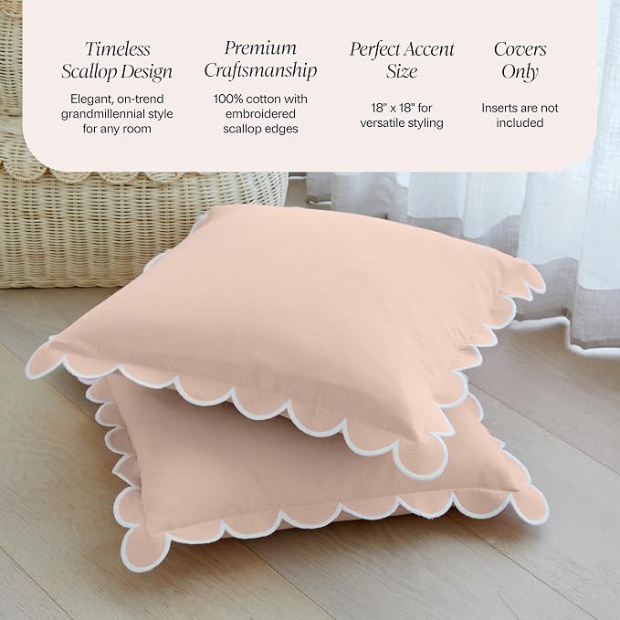 BEBE BASK Scalloped Pillow Cover Set of 2, 18x18, 100% Cotton - Peach Pink | 100% Cotton, Scallop Pillow Covers, Grandmillennial Style, 18 by 18 Inch, Easy to Care, Machine Washable, Scalloped Pillows