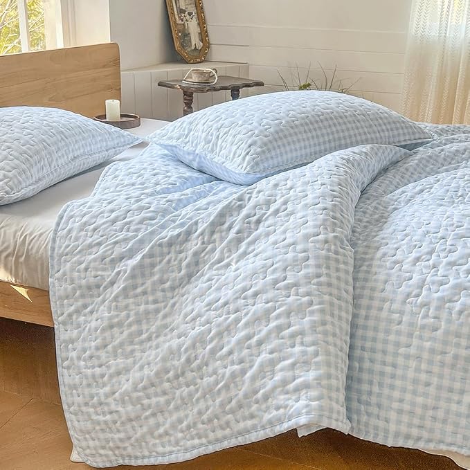 NSNLGSGC Light Blue Gingham King Summer Bedspread Quilt Set | Pre-washed Microfiber,Lightweight Checked Grid Bedding Coverlets for All Seasons