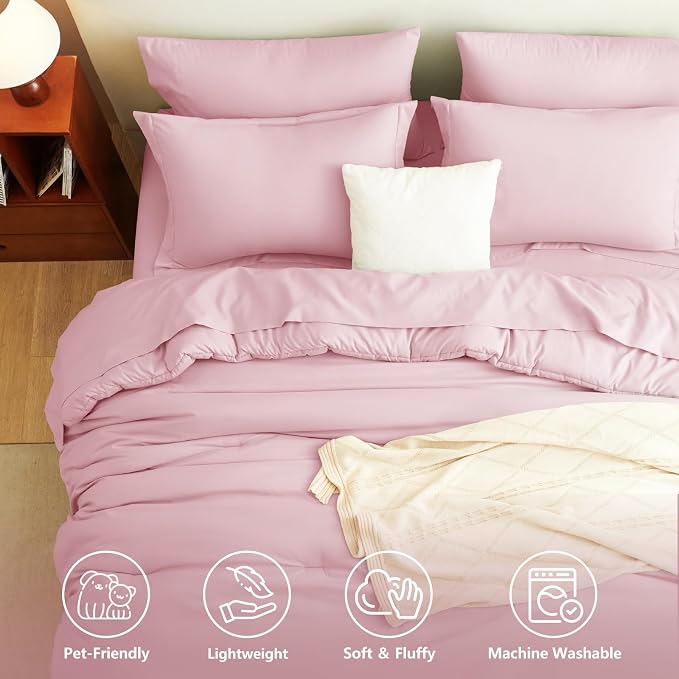 Queen Comforter Set Pink, 7 Pieces Bed in a Bag | OEKO-TEX Certified, All-Season, Bedroom, 240GSM Down Alternative Comforter, Flat & Fitted Sheets, 2 Pillowcases & 2 Shams