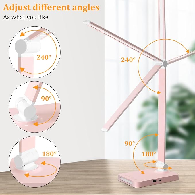 LED Desk Lamp with USB Ports,Touch Desk Lamps for Home Office with 5 Modes | 3 Brightness Desk Light with Small Night Light,Reading Lamp Table Lamp for Bedroom Bedside Study Pink （with adapter）