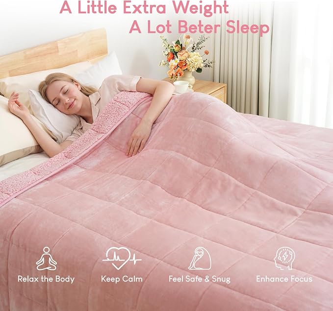 Cottonblue Pink Weighted Blankets 25lbs for Adults King Size 90"x90" Soft | Cozy Sherpa Fleece Weighted Throw Blankets for Calm Sleep Relax, Warm Fuzzy Comfort Flannel Heavy Blanket for Bed Sofa Couch
