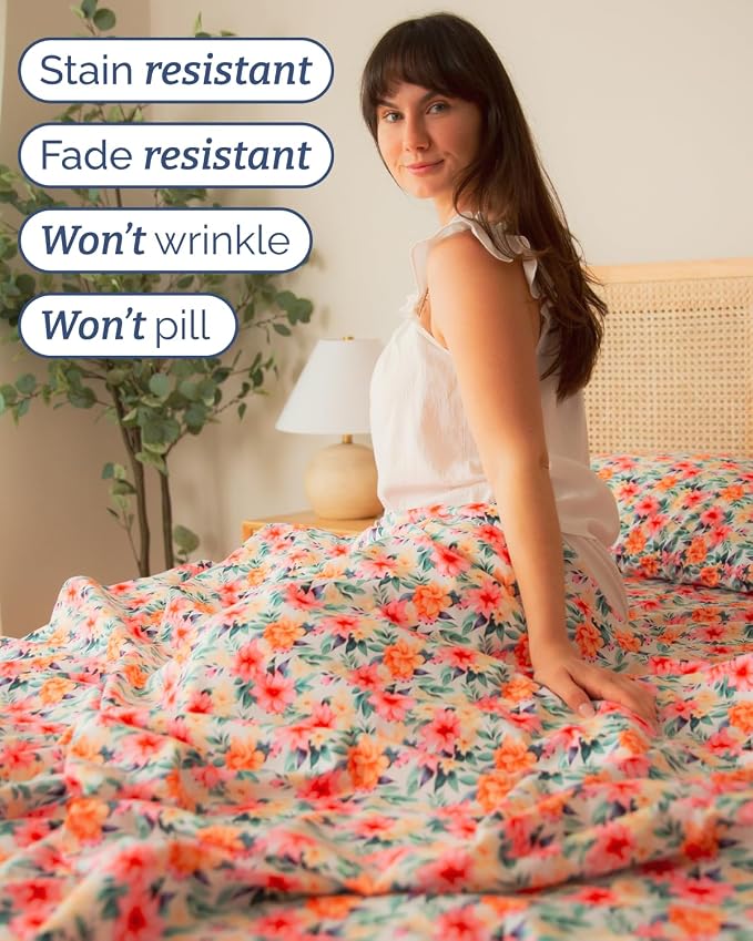 Cal King 4 Piece Floral Sheet Set - Breathable & Cooling - Sunset Hibiscus | 1 Flat, 1 Fitted & 2 Pillowcases w/ Deep Pockets, Boho Botanical Floral Bedding, Breathable & Cooling, Wrinkle & Fade Free