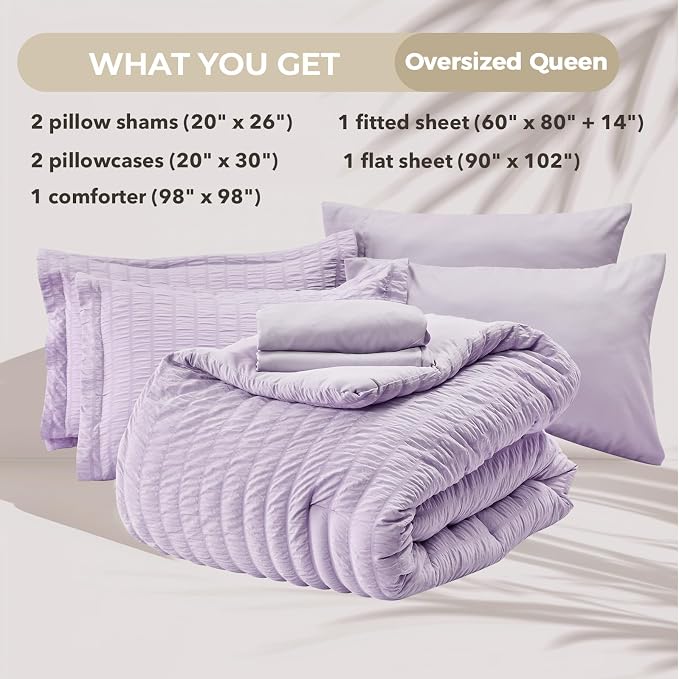 HYMOKEGE Lavender Oversized Queen Comforter Set Seersucker 7 Pieces, All Season Luxury Bed in a Bag for Bedroom, Bedding Set with Comforter, Sheets, Pillowcases & Shams