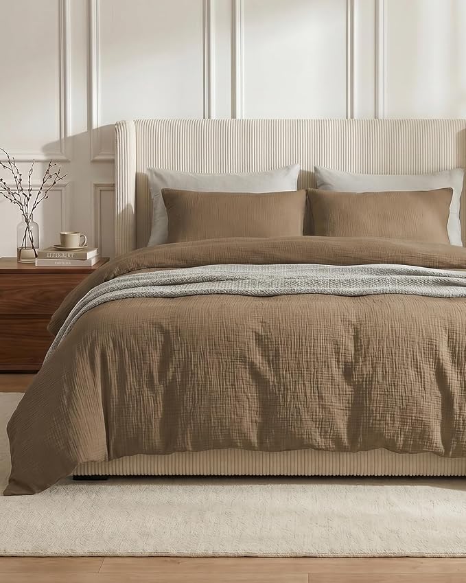SE SOFTEXLY Muslin Duvet Cover Queen Size, 100% Washed Cotton Duvet Cover Set, Ultra Soft Comforter Cover Linen Like, 3 Pieces Minimalist Gauze Duvet Cover with 2 Pillowcases, 90"x90", Light Brown