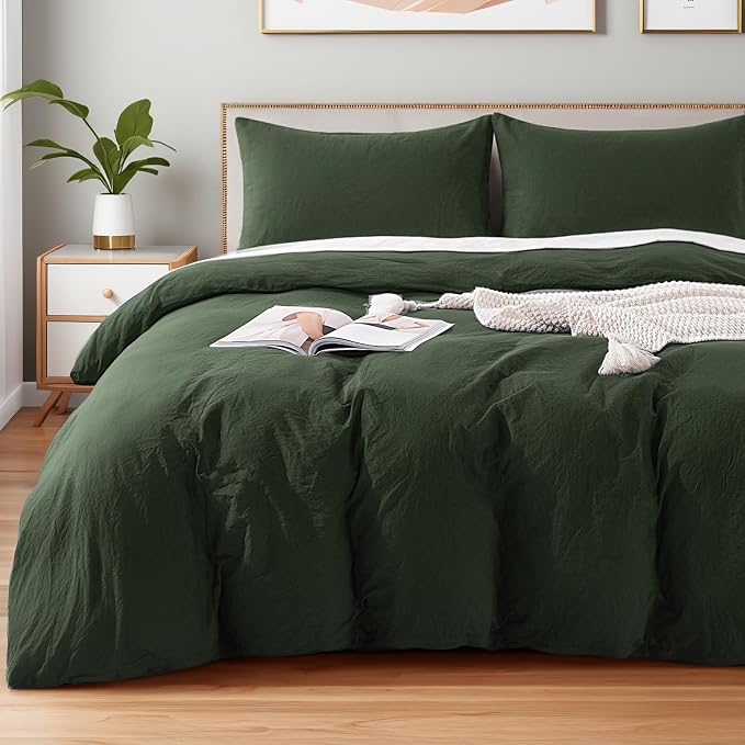 NEXHOME PRO Queen Duvet Cover Set – 100% Certified Organic Cotton with Washed Feel & Linen-Like Texture, Comfortable & Breathable, Home Bedding Set Olive Green (No Comforter)