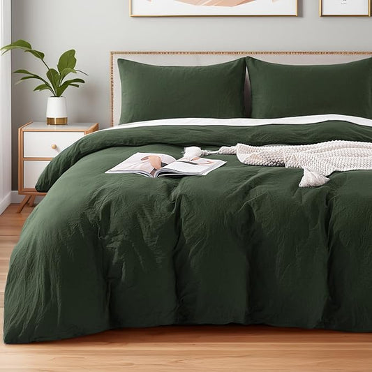 NEXHOME PRO Queen Duvet Cover Set – 100% Certified Organic Cotton with Washed Feel & Linen-Like Texture, Comfortable & Breathable, Home Bedding Set Olive Green (No Comforter)
