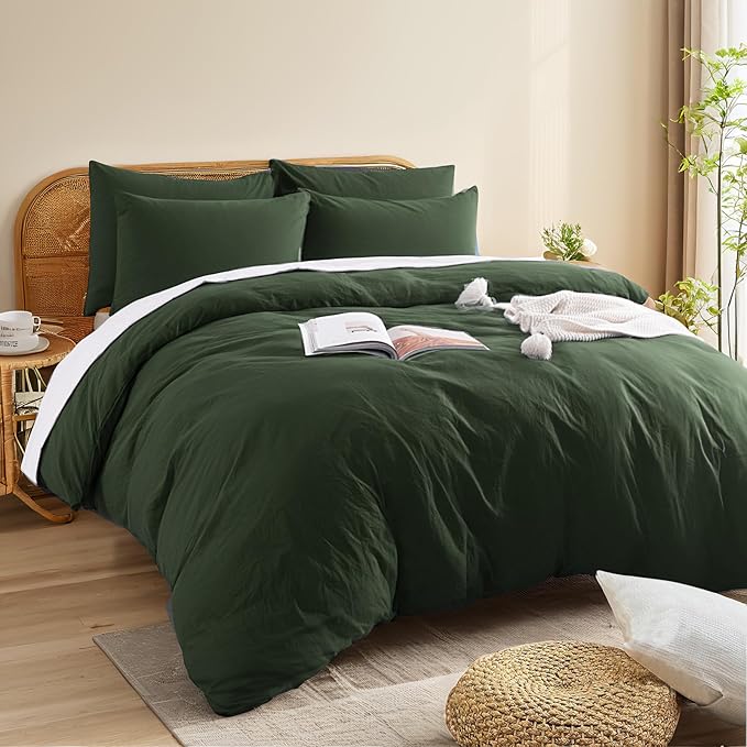 NEXHOME PRO Queen Duvet Cover Set – 100% Certified Organic Cotton with Washed Feel & Linen-Like Texture, Comfortable & Breathable, Home Bedding Set Olive Green (No Comforter)