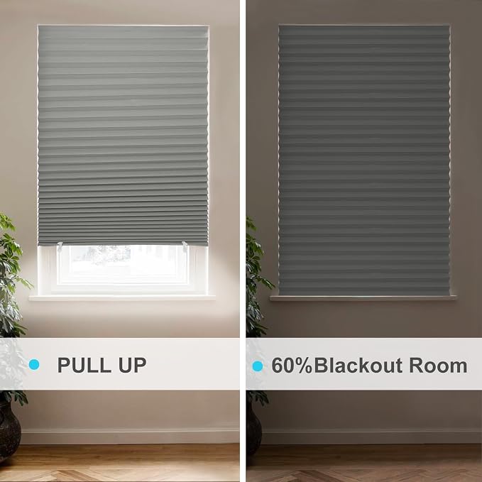 MYshade 6 Pack Temporary Light Filtering Paper Shades for Windows,Paper Pleated Blinds with Adhesive,No Tools No Drilling Free Cut Size Temporary Room Darkening Shades(Grey, 36" W x 72" H)