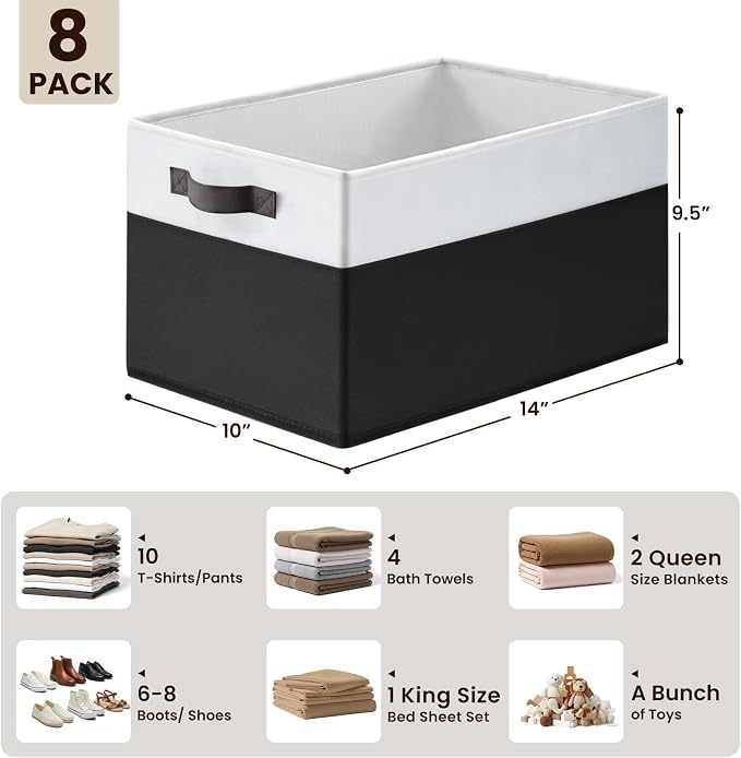 8 Pack Large Storage Baskets for Room Organization, Multi-Purpose Bins for Closet, Shelves, Kitchen, Office, Decorative Fabric Foldable Storage Boxes with Handles (14L*10W*9.5H)