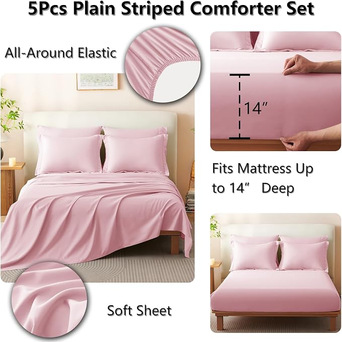Twin XL Comforter Set Pink - 5 Pieces Complete Bedding Set | College Dorm Essentials, OEKO-TEX Certified, 240GSM Down-Alternative Comforter, 14" Deep-Pocket Sheets, Sham & Pillowcase