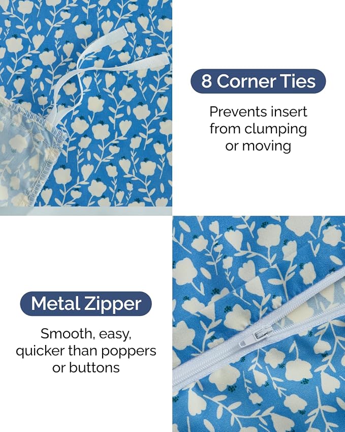 Duvet Cover Cal King Size - Floral Duvet Cover - 3 Piece - Bluefield | Soft Floral Duvet Cover 104 x 98 with 2 Pillow Shams, Zipper Closures & Ties, Floral Bedding for Women, Men, Kids & Teens