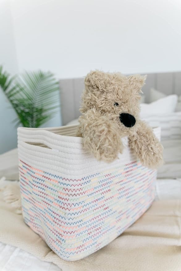 OrganiHaus Rainbow Baskets for Shelves, Set of 3, 15x9x10 | Colorful, handwoven cotton rope; a toy bin for playroom, classroom, or girls' room decor; great for nursery too