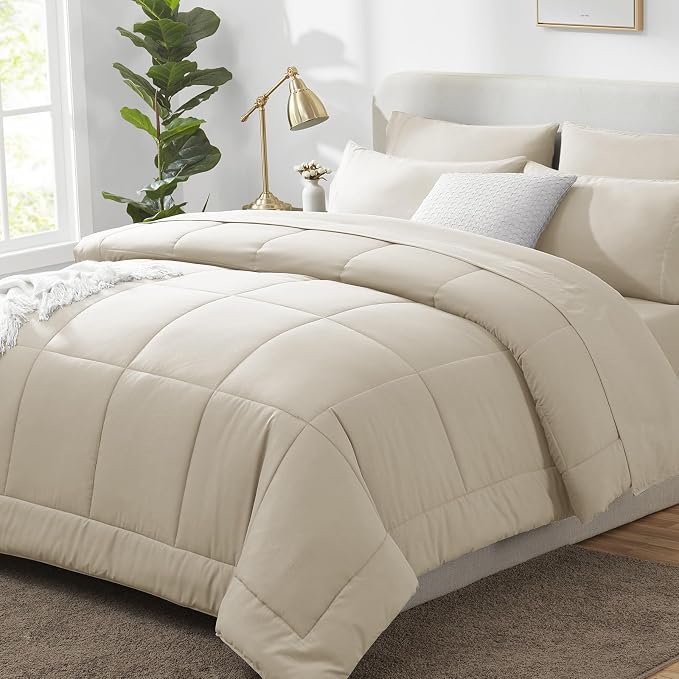Full Size Comforter Sets Oatmeal - 7 Pieces Bed in a Bag | OEKO-TEX Certified, All-Season, Bedroom, Guest Room, Down-Alternative Comforter + Flat & Fitted Sheets + 4 Pillowcases