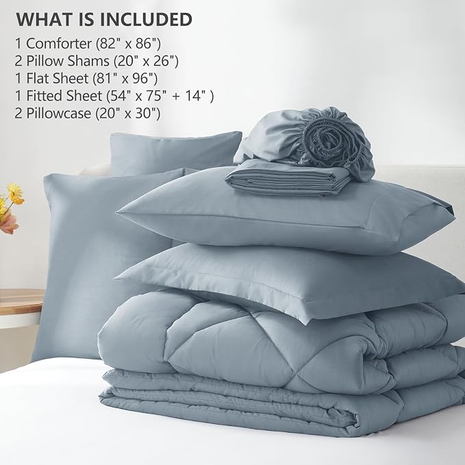 Full Size Comforter Sets Dusty Blue - 7 Pieces Complete Bedding Set | OEKO-TEX Certified, All Season, 240GSM Down-Alternative Comforter, Sheets, Pillowcases & Shams, 14" Deep Pocket, Easy Care