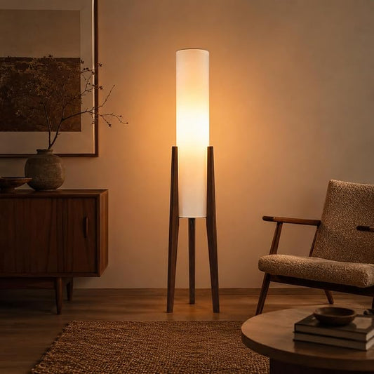 50 Inch Tall Tripod Floor Lamp Suit for Living Room,Walnut Wood Finish | Cylinder Fabric Lampshade,Organic Modern Style,3 Color Temperature Adjustable,Foot Switch Control,Ideal for Office