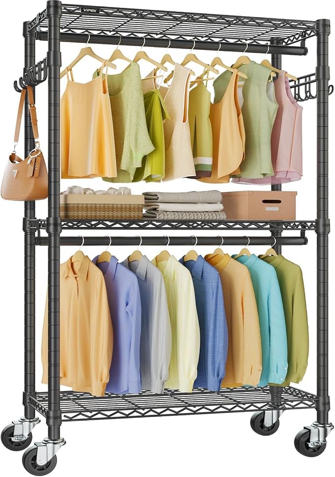 VIPEK R2 Clothes Rack for Hanging Clothes Rolling Clothing Rack Heavy Duty | Lockable Silent Wheels, Double Hanging Rods, Adjustable Wire Shelving/Side Hooks, Load 580lbs Space-Saving for Laundry, Black