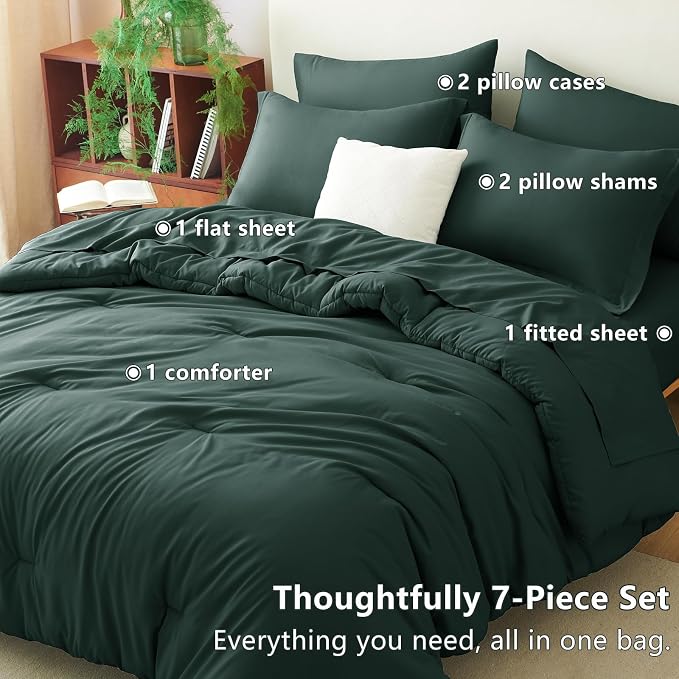 Full Size Comforter Set Forest Green, 7 Pieces Bed in a Bag | OEKO-TEX Certified, All-Season, Bedroom, 240GSM Down Alternative Comforter, Flat & Fitted Sheets, 2 Pillowcases & 2 Shams