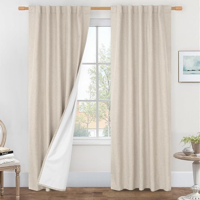 84 Inch Oatmeal 100% Blackout Linen Curtains 84 Inch for Living Room | Privacy Bedroom Curtains, Room Darkening Neutral Panels, Rod Pocket Back Tab, with White Liner, 2 Panels, 42 x 84 Inch