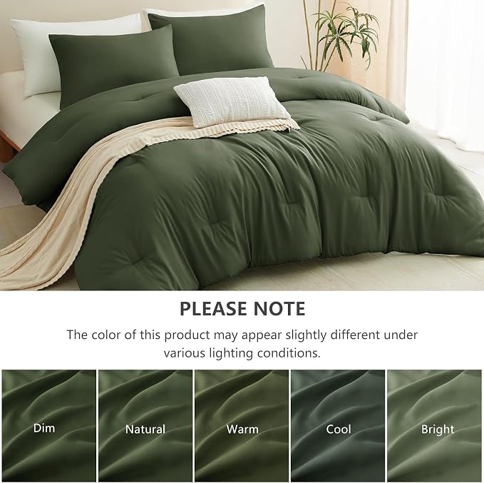 King Comforter Set, 3 Pieces Down Alternative Bedding, Olive Green | 270 GSM All Season Comforter with 4 Corner Ties for Use as a Duvet Insert, OEKO-TEX Certified, 2 Pillowcases, 102 x 90 in
